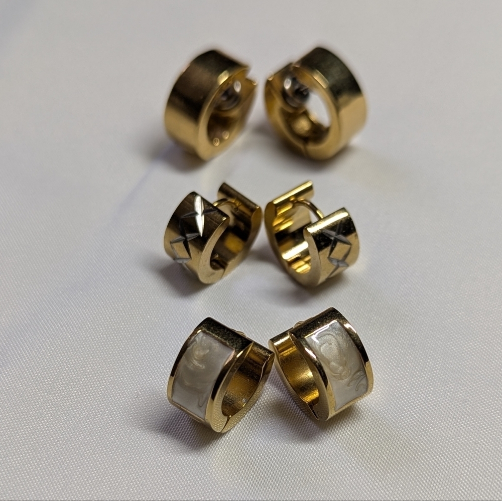 Set Of (3) Huggie Goldtone Hoop Earrings - Picture 9 of 9